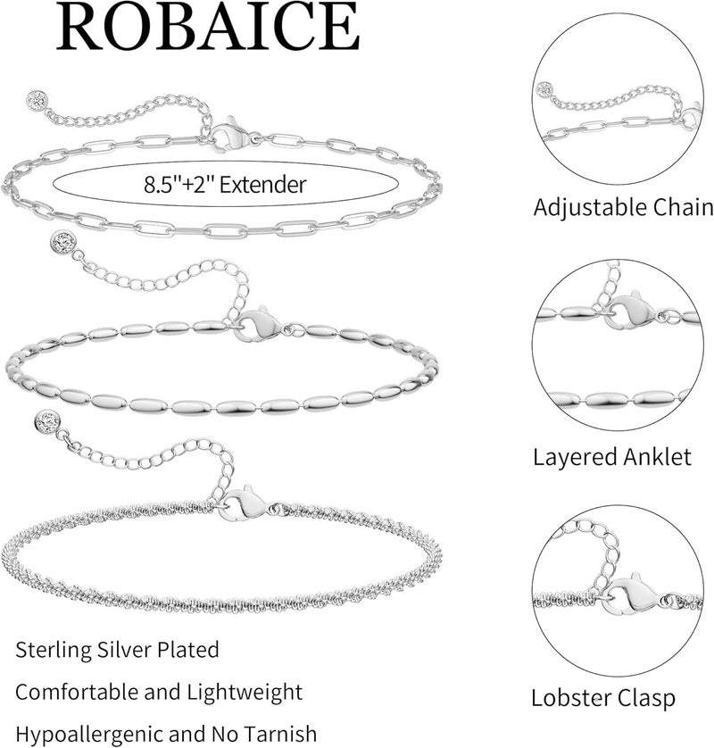 Robaice Ankle Bracelets for Women, Glitter Waterproof Adjustable Anklet for Women, 14K Gold Plated/Sterling Silver Layered Anklets, Summer Beach Anklet Jewelry for Women Gift - Image 5